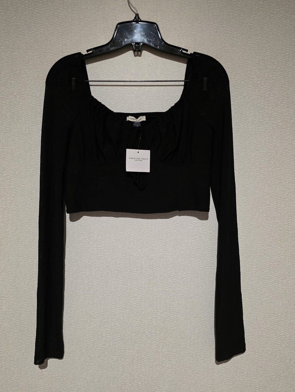 American Eagle Black Mesh Long Sleeve Crop Top Medium New - Picture 3 of 12